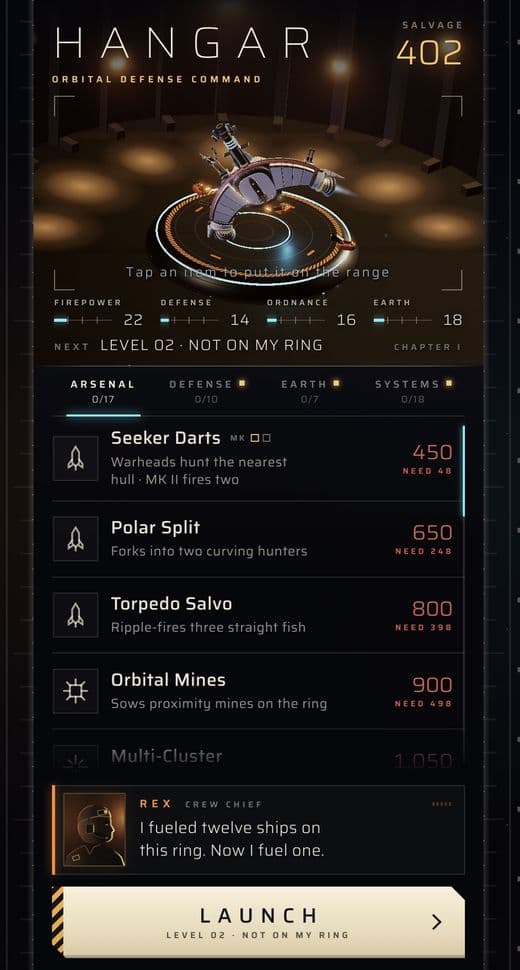 Earth Defender hangar: the ship on its cradle above the upgrade list.