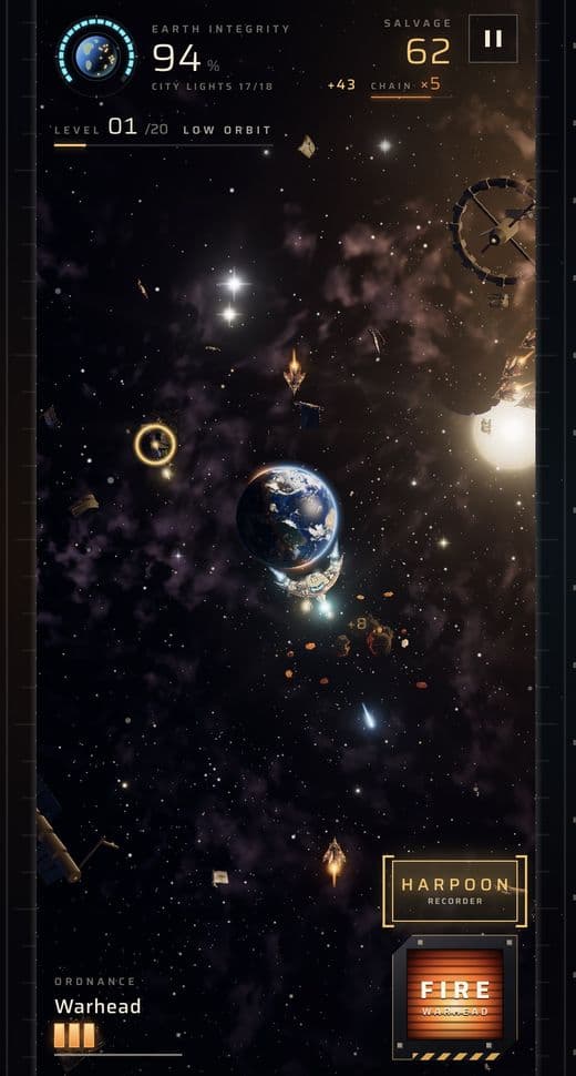 Earth Defender in play: the ship orbits Earth among enemy craft.